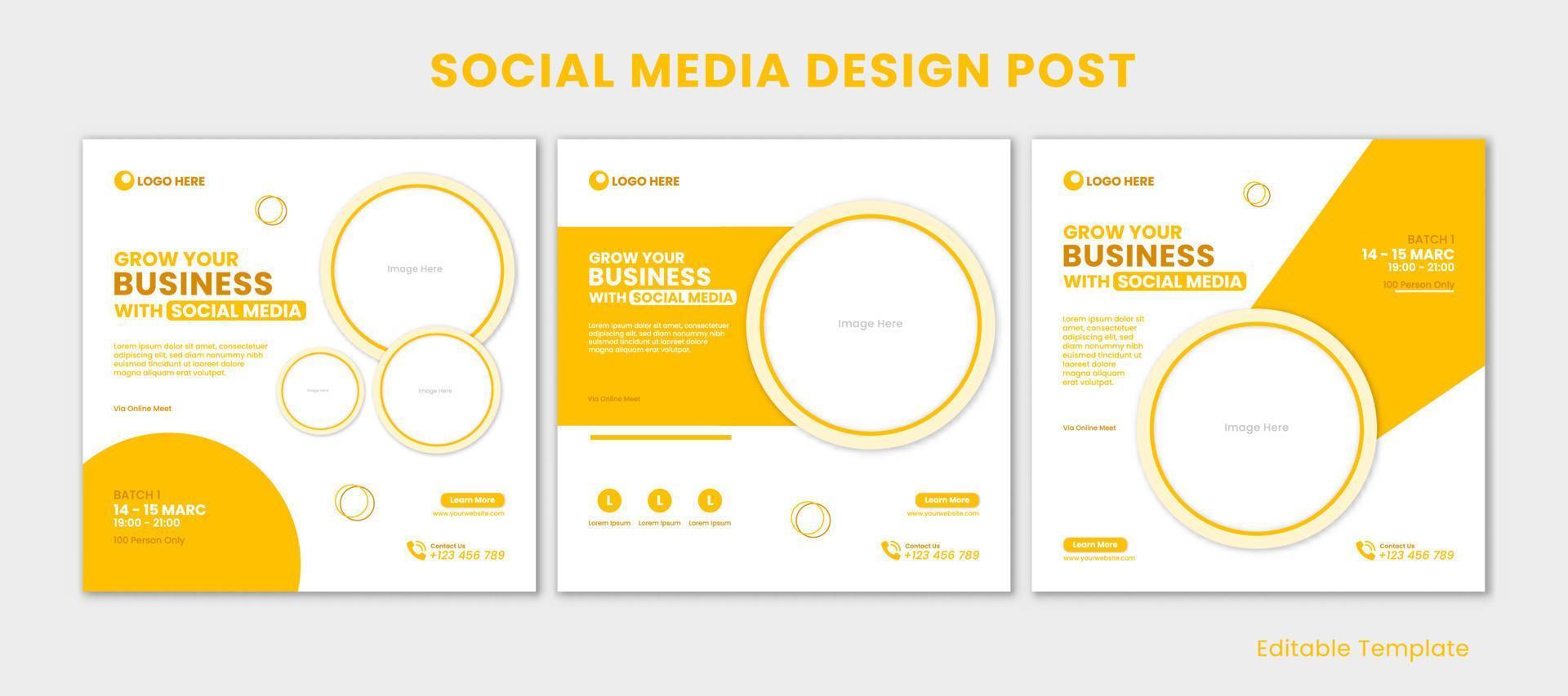 Set of Editable Template Social Media Design Post. Design Circle whit shadow, yellow and white color theme. Suitable for Social Media Post, Ads, Promotion your product, business, company vector