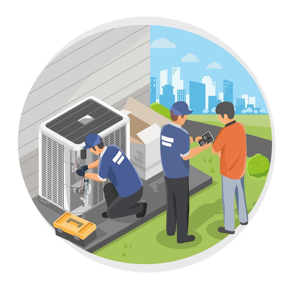 HVAC installation and maintenance Team house Service at home Heating Ventilation and Air Conditioning isometric isolated cartoon vector