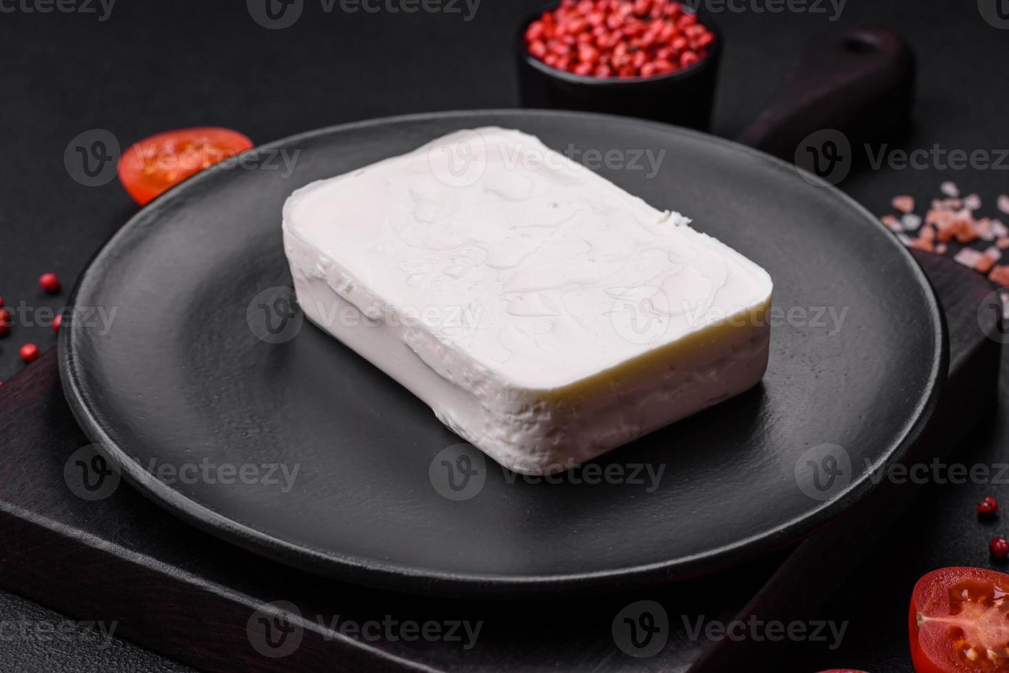 Delicious fresh rectangular shaped feta cheese with spices and vegetables photo