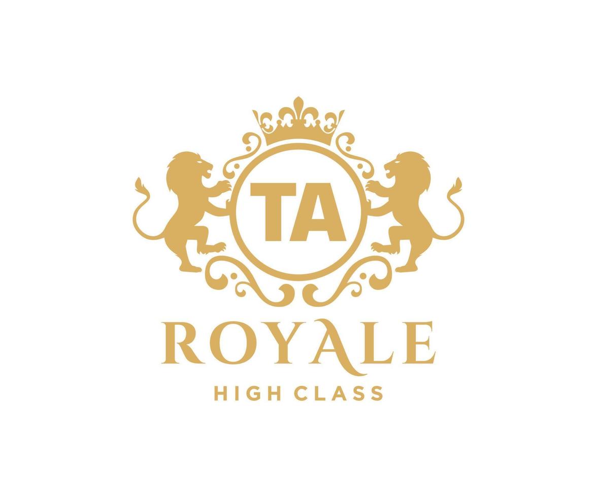 Golden Letter TA template logo Luxury gold letter with crown. Monogram alphabet . Beautiful royal initials letter. vector