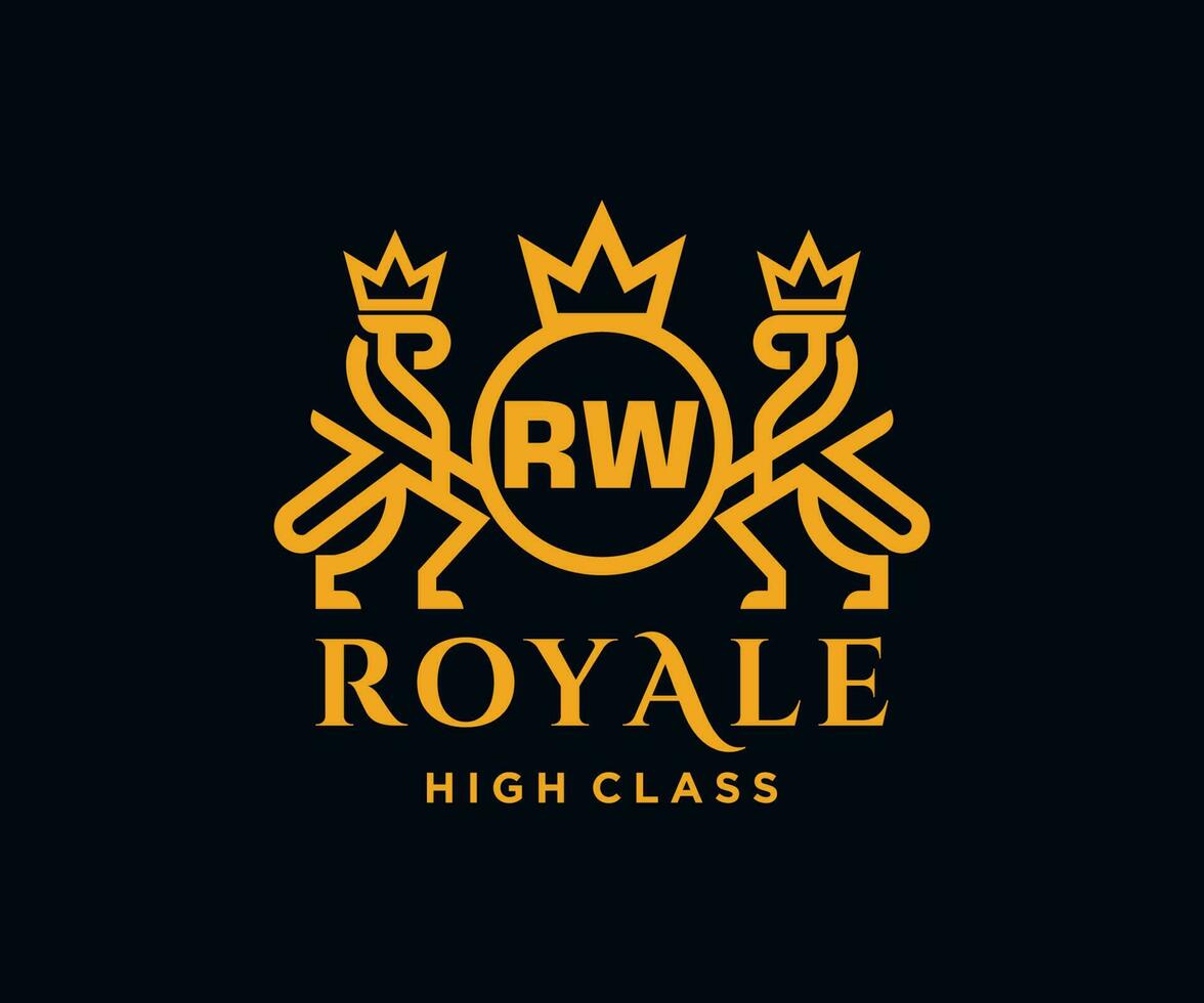 Golden Letter RW template logo Luxury gold letter with crown. Monogram alphabet . Beautiful royal initials letter. vector