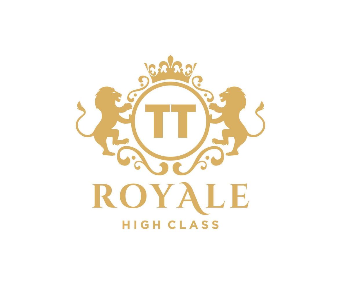 Golden Letter TT template logo Luxury gold letter with crown. Monogram alphabet . Beautiful royal initials letter. vector