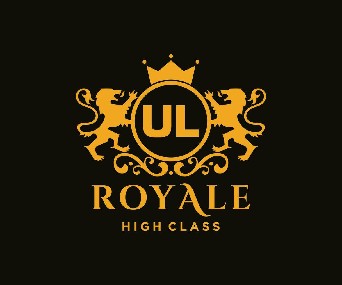 Golden Letter UL template logo Luxury gold letter with crown. Monogram alphabet . Beautiful royal initials letter. vector