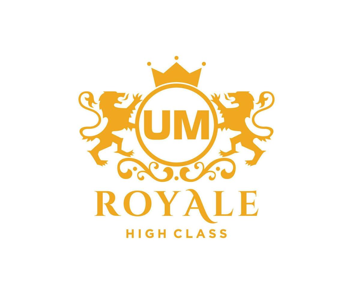 Golden Letter UM template logo Luxury gold letter with crown. Monogram alphabet . Beautiful royal initials letter. vector