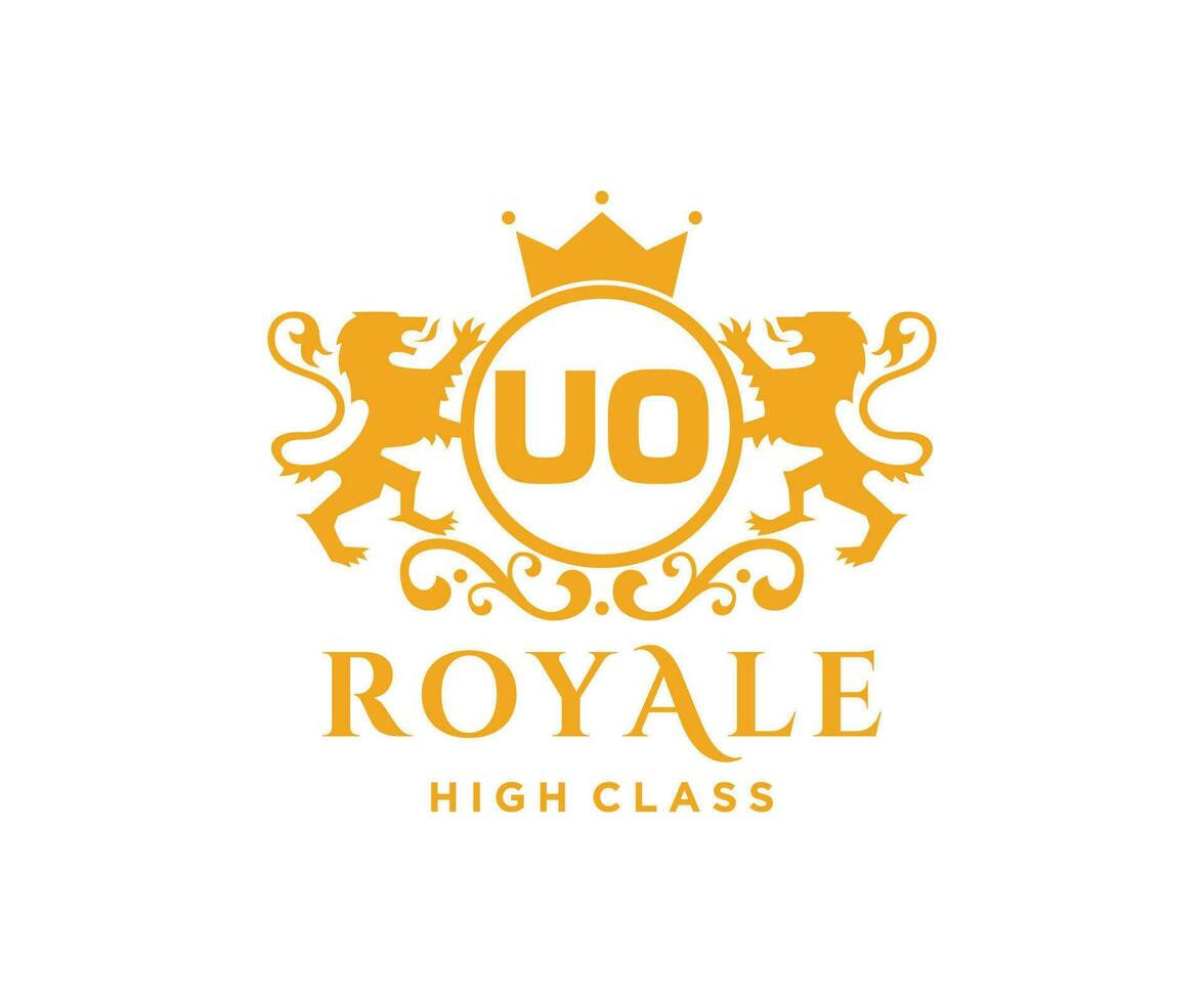 Golden Letter UO template logo Luxury gold letter with crown. Monogram alphabet . Beautiful royal initials letter. vector