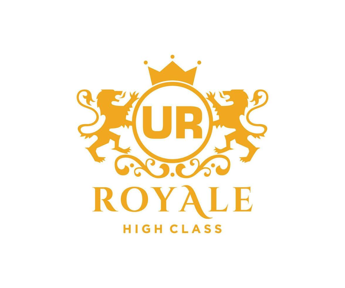 Golden Letter UR template logo Luxury gold letter with crown. Monogram alphabet . Beautiful royal initials letter. vector