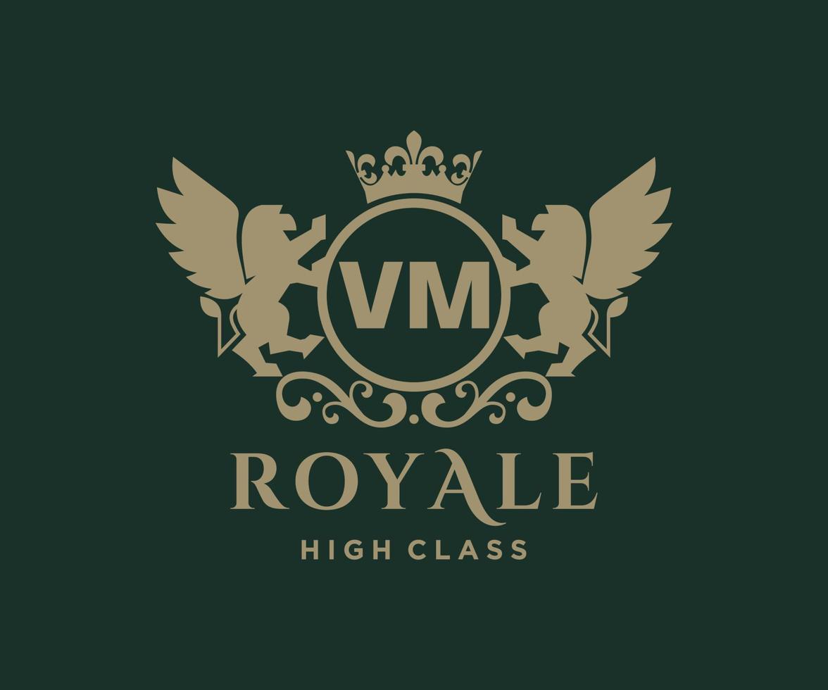 Golden Letter VM template logo Luxury gold letter with crown. Monogram alphabet . Beautiful royal initials letter. vector