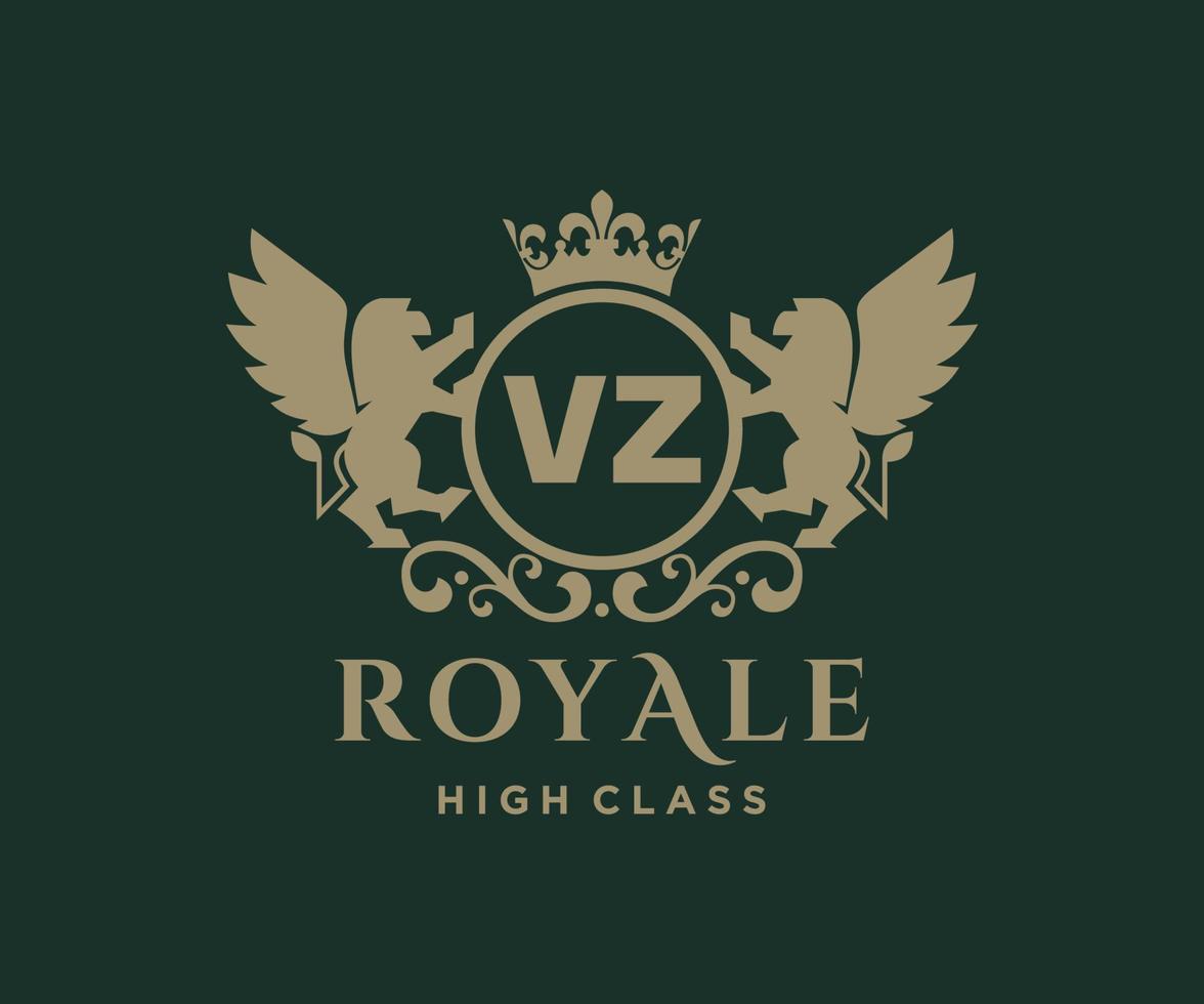 Golden Letter VZ template logo Luxury gold letter with crown. Monogram alphabet . Beautiful royal initials letter. vector