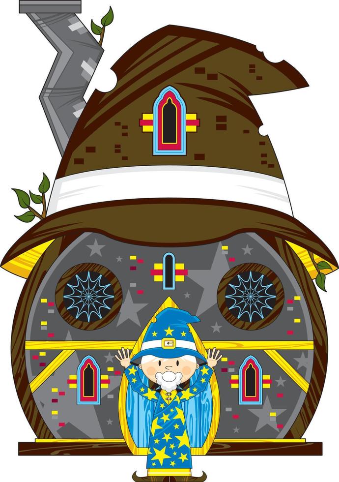 Cute Cartoon Magical Wizard Outside the Hat House Illustration vector
