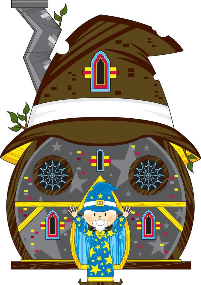 Cute Cartoon Magical Wizard Outside the Hat House Illustration vector