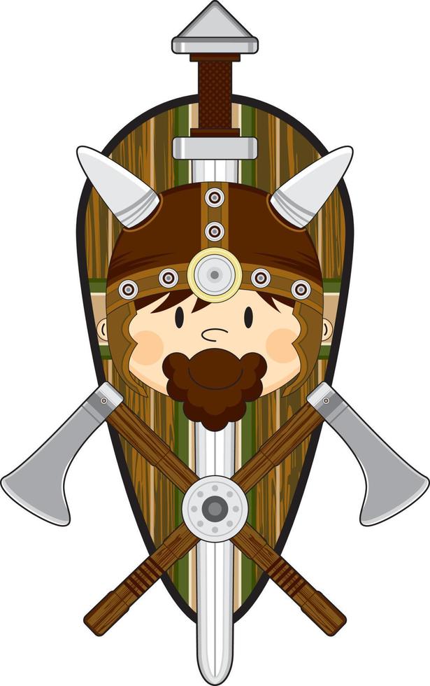 linda dibujos animados vikingo guerrero con proteger y hachas nórdico historia ilustración vector