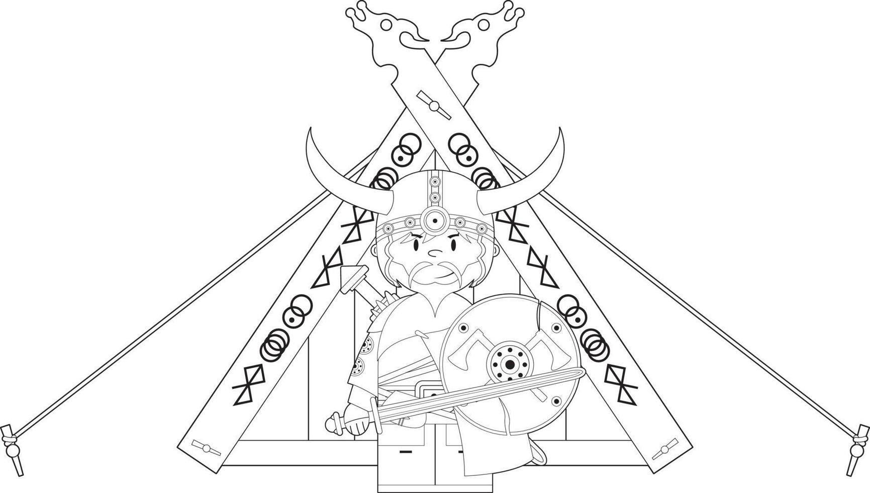 Cute Cartoon Viking Warrior and Tent Norse Colouring In History Illustration vector