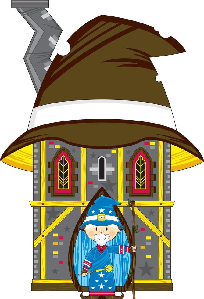 Cute Cartoon Magical Wizard Outside the Hat House Illustration vector