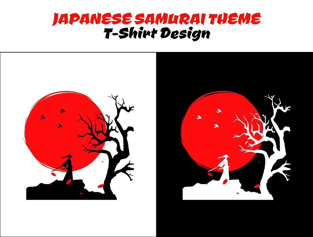 Samurai with red moon t-shirt design. Urban samurai. samurai with tree. Silhouette japan samurai vector for design t-shirt concept. Samurai Vector Illustration