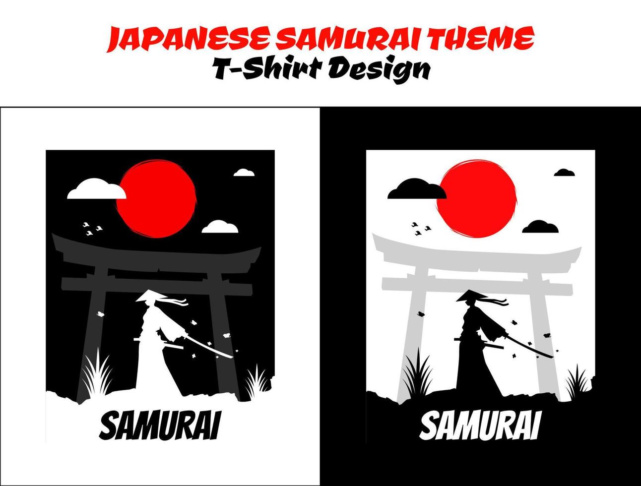 Urban samurai with tree. Silhouette japan samurai vector for design t-shirt concept. Samurai with red moon. Samurai Vector Illustration. streetwear theme tshirt.