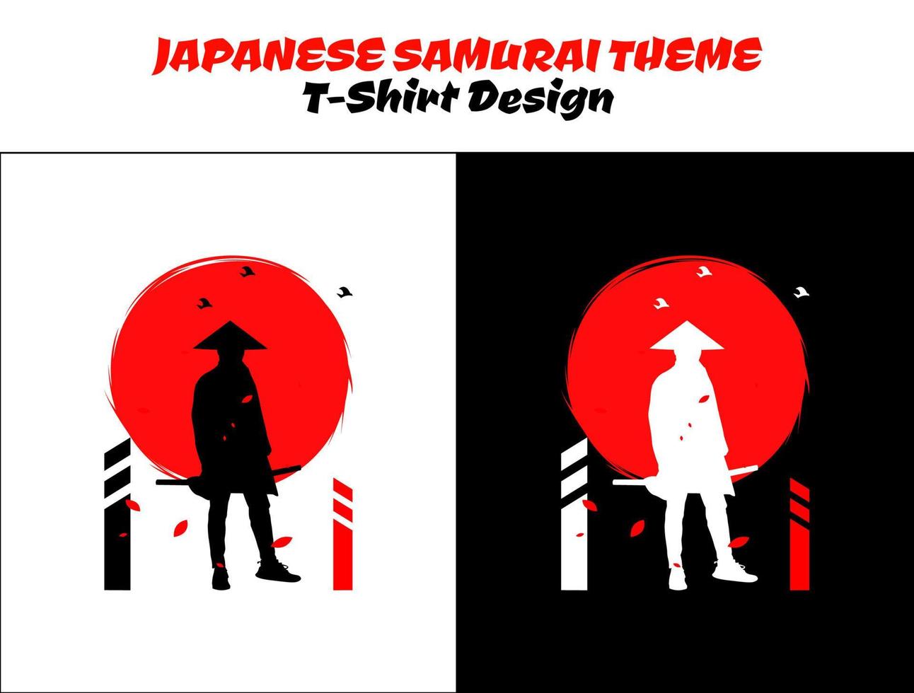 Samurai with red moon t-shirt design. Urban samurai. Samurai Vector Illustration. Silhouette japan samurai vector for design t-shirt concept.