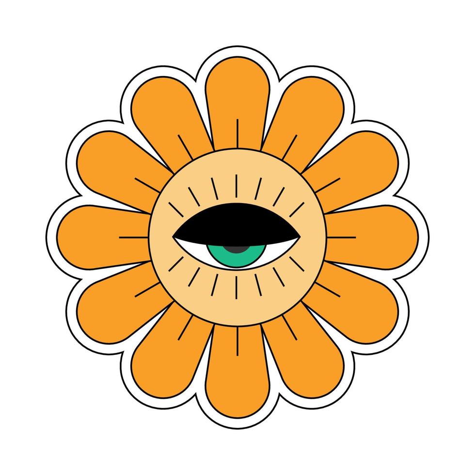 Good vibes with hippie chamomile character. Retro daisy mascot with flower head and eye. Boho vintage cartoon style plant. Trendy y2y pop culture floral design. Isolated vector eps element
