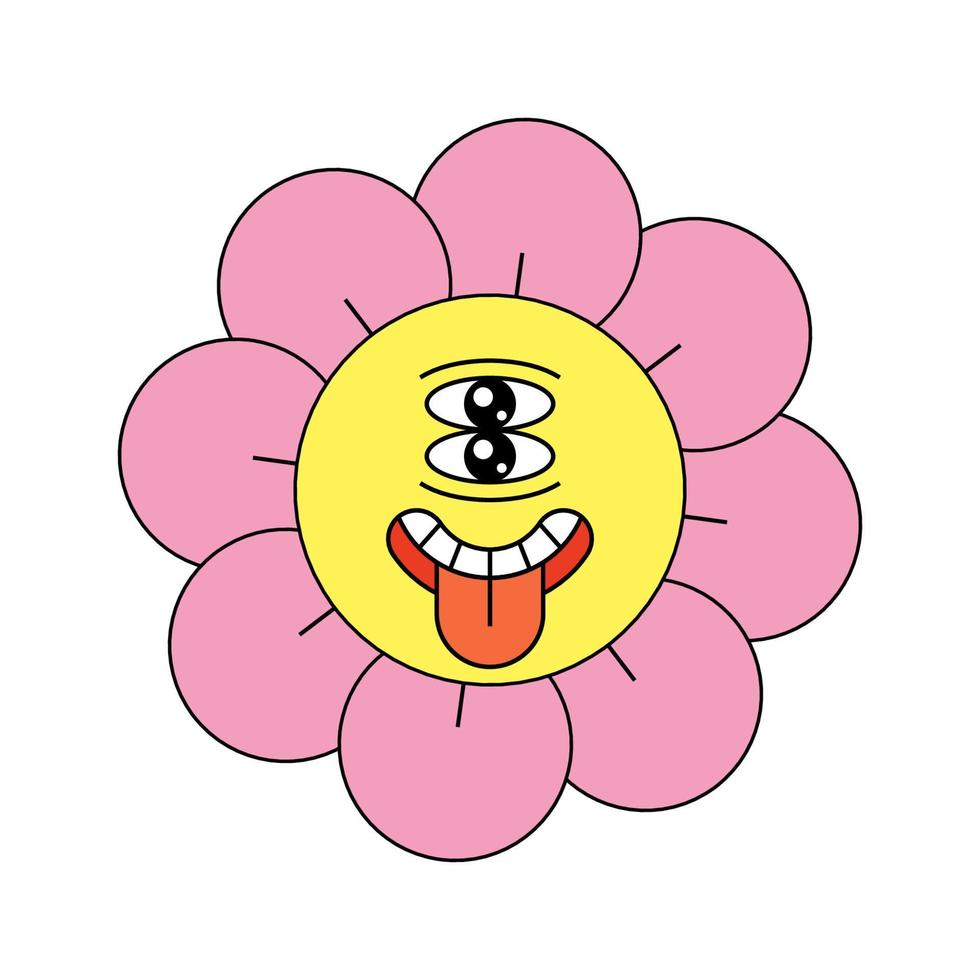 Hippie groovy chamomile smiley strange character good vibes. Retro daisy flower head crazy mascot shows tongue. Psychedelic positive nostalgic vintage cartoon plant. Trendy y2y pop culture floral. EPS vector