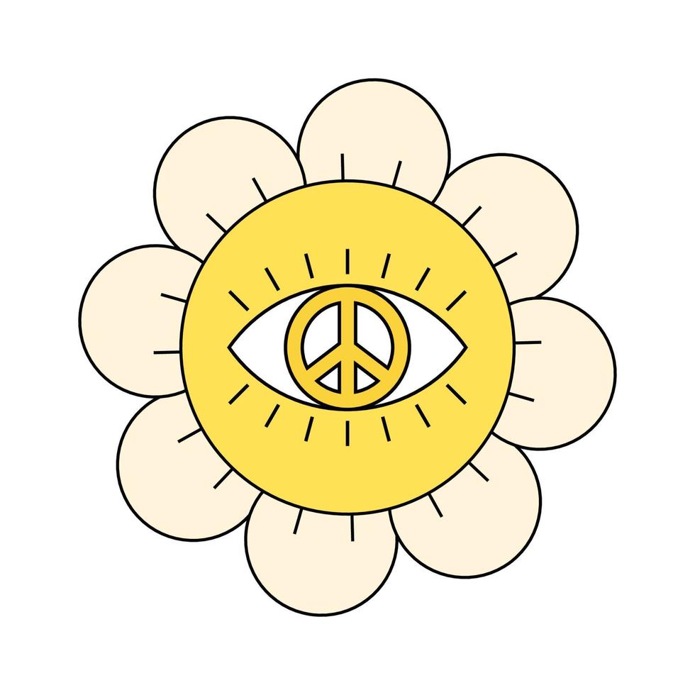 Peace sign in groovy vintage chamomile. Hippie style daisy. Hippy flower head brings positive and pacific vibe. Vintage cartoon nostalgia plant symbol. Trendy y2k funky floral pop culture. Vector eps