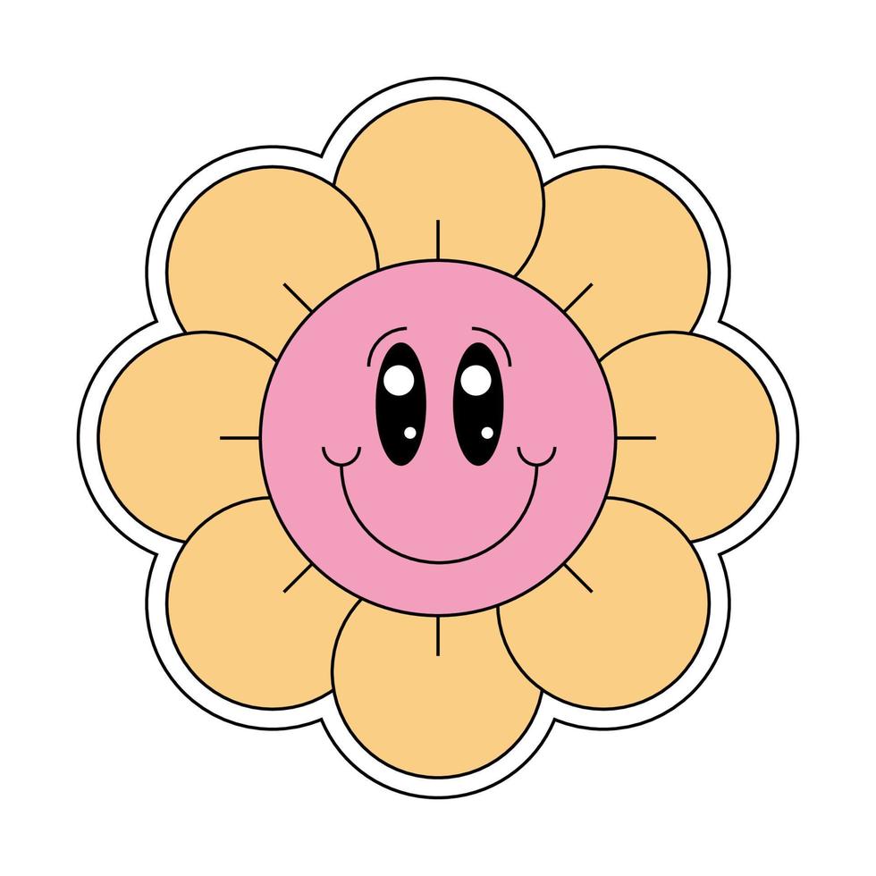 Cute hippie groovy chamomile smiley character good vibes. Retro daisy flower head joyful mascot. Positive nostalgic vintage cartoon style happy plant. Trendy y2y pop culture floral vector eps design