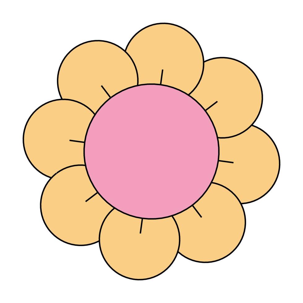 Vintage charm groovy chamomile design. Hippie style daisy flower head. Positive and upbeat vibe of hippy. Cartoon plant nostalgia and charm. Y2k funky floral pop culture element. Isolated eps vector