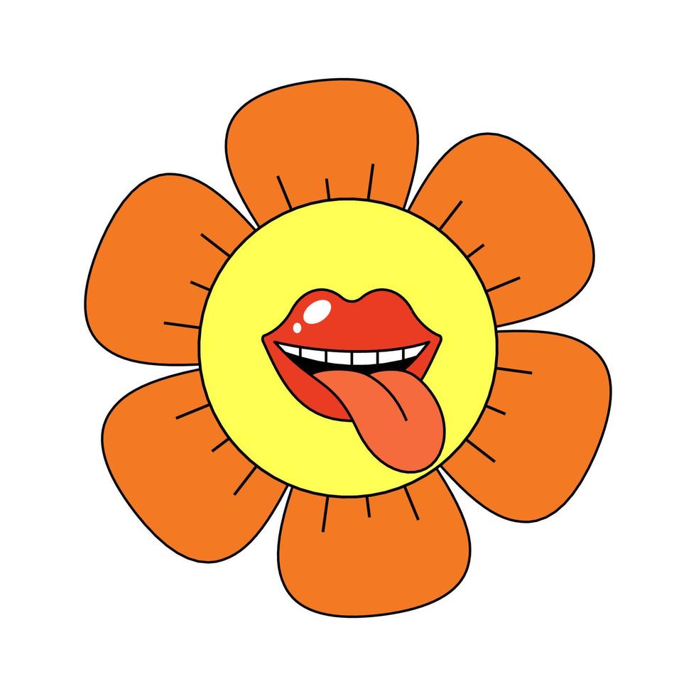 Retro charm groovy chamomile. Positive hippie style daisy with lips and tongue. Crazy hippy flower head design. Psychedelic vintage nostalgic cartoon plant. Trendy y2k funky floral pop culture. Vector