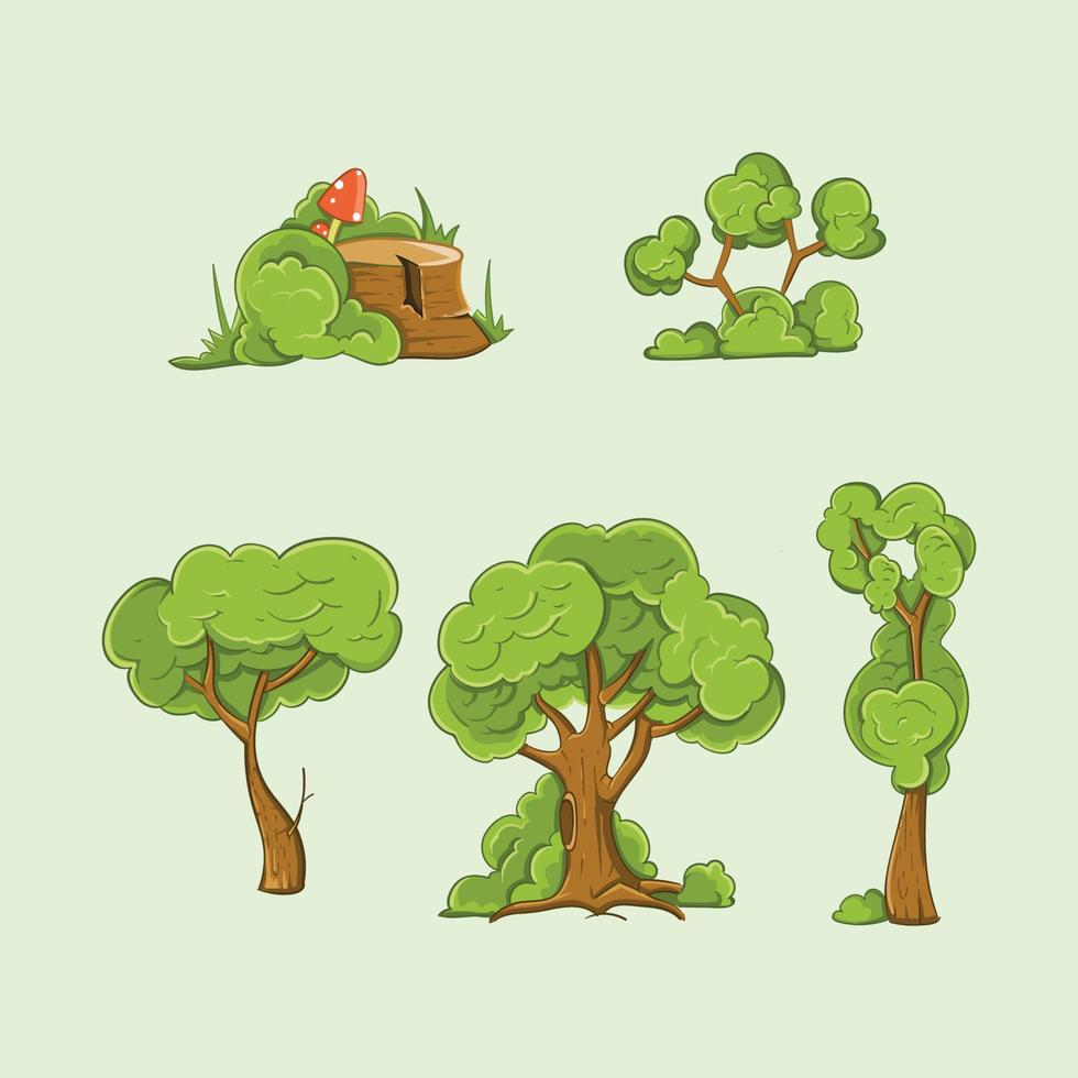 dibujos animados estilo arboles arbusto en vector