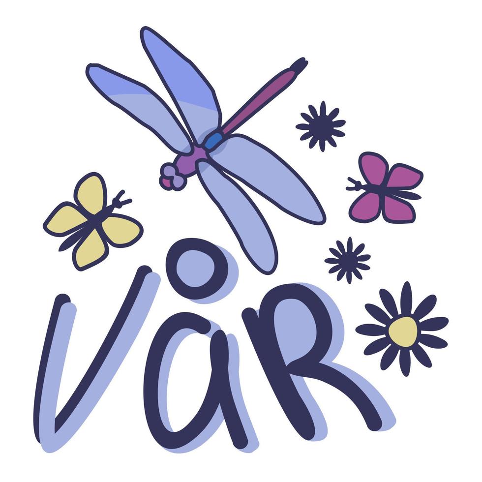 Vector isolated illustration with flowers, butterflies and dragonfly. Spring in swedish language.