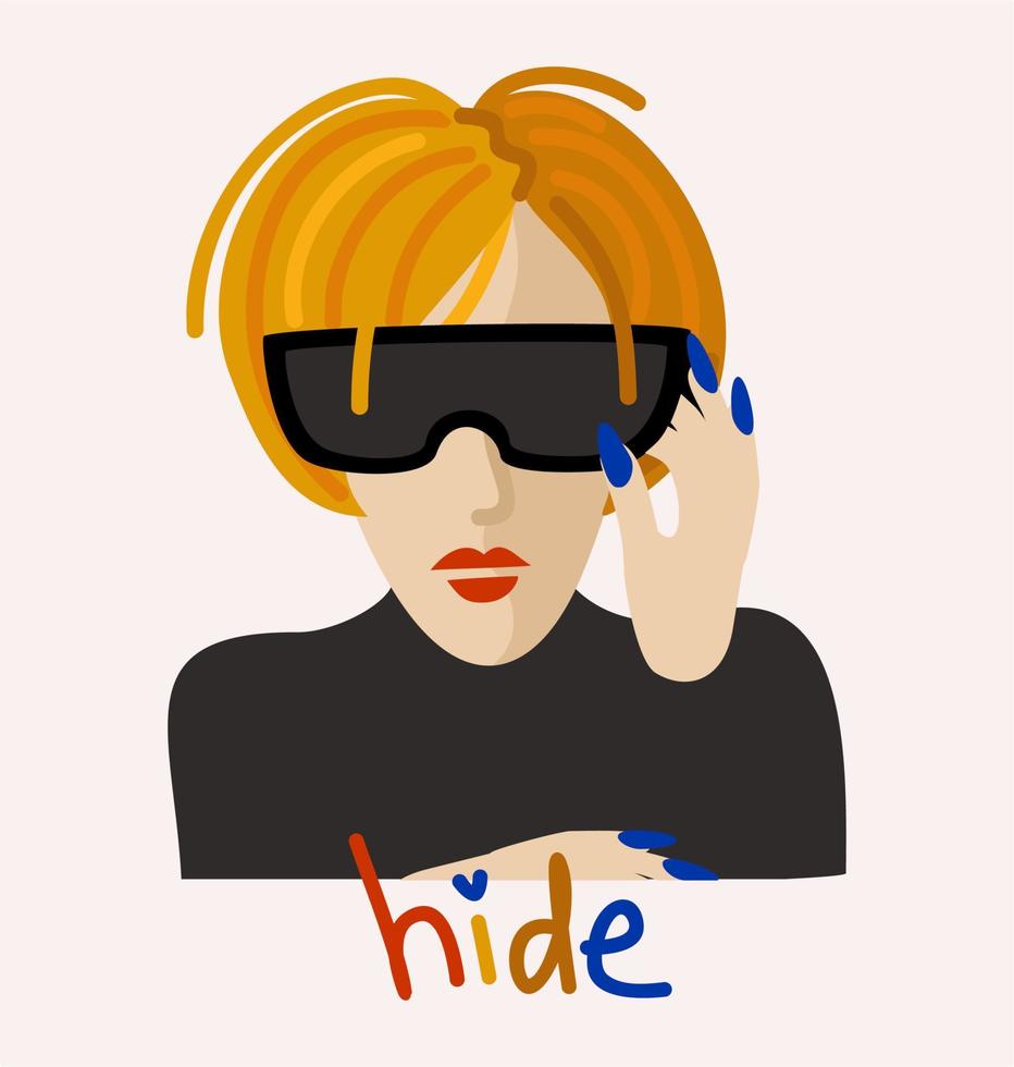 Person hiding her eyes under sunglasses. Vector isolated illustration with lettering.