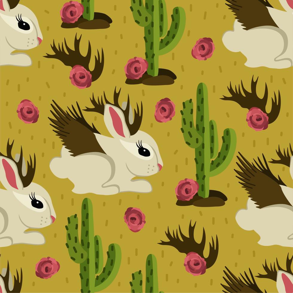 Vector seamless pattern with jackalopes, cacti and roses.