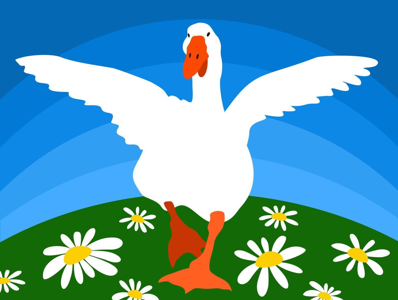 Vector bright illustration with goose running on a field of camomiles.