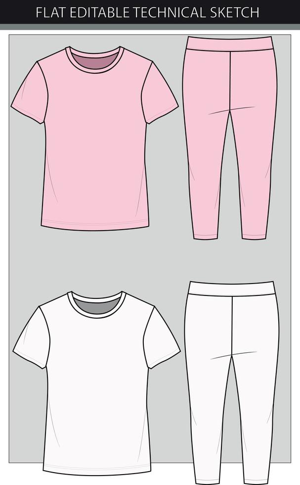 Pink top and legging girls set flat sketch vector file.