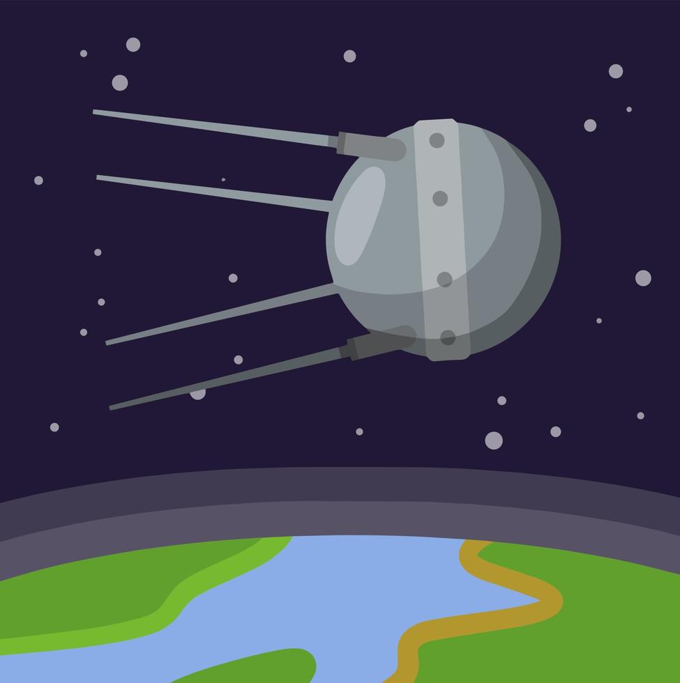 satélite en espacio orbital el tierra. Soviético sputnik mosca alrededor planeta. exploración de universo y galaxia. primero vuelo dentro espacio. moderno tecnología. dibujos animados plano ilustración vector