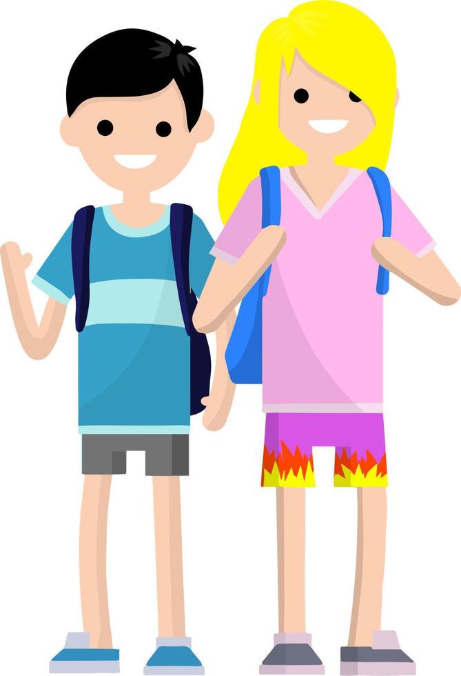 Pareja de joven alto colegio estudiantes en verano ropa en vacaciones. un chico y un niña con un mochila. vector