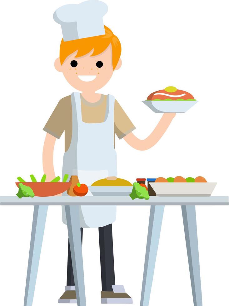 Flat Man cook holding plate of food. Chef and waiter at work vector