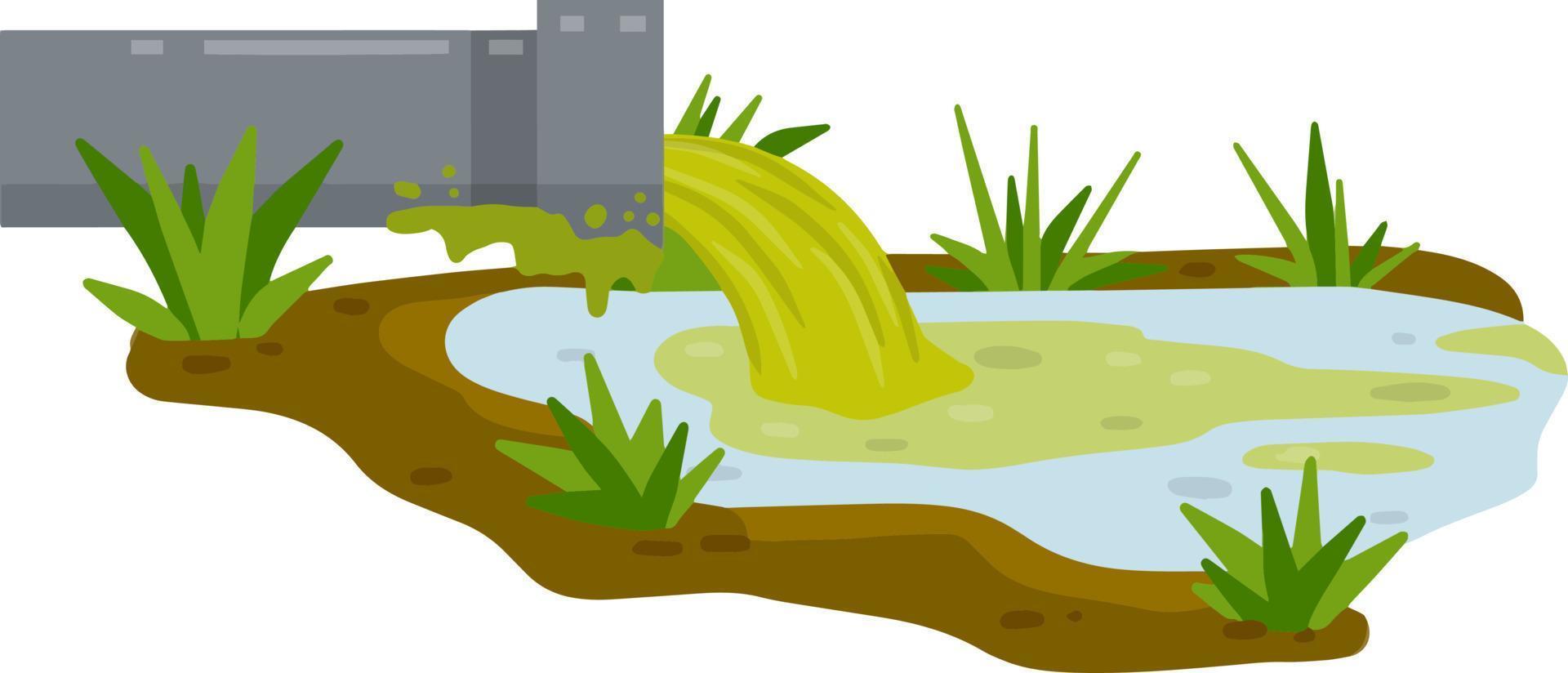 Industrial discharge from the pipe. Pollution of nature and ecology. Chemical waste. Cartoon flat illustration. Modern problem. Green stream in the river vector