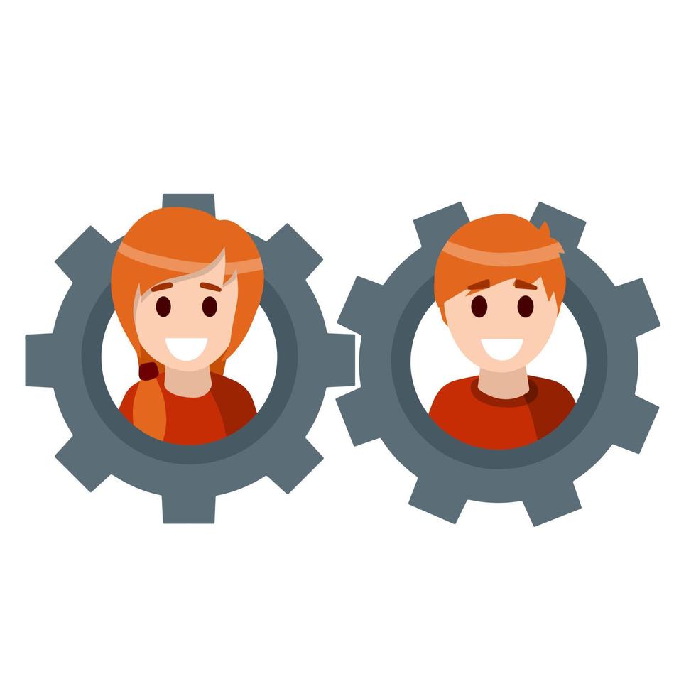 Teamwork. Interaction between people. Gear with the heads of characters. Abstract social concept. Relationship between men and women. Flat cartoon vector