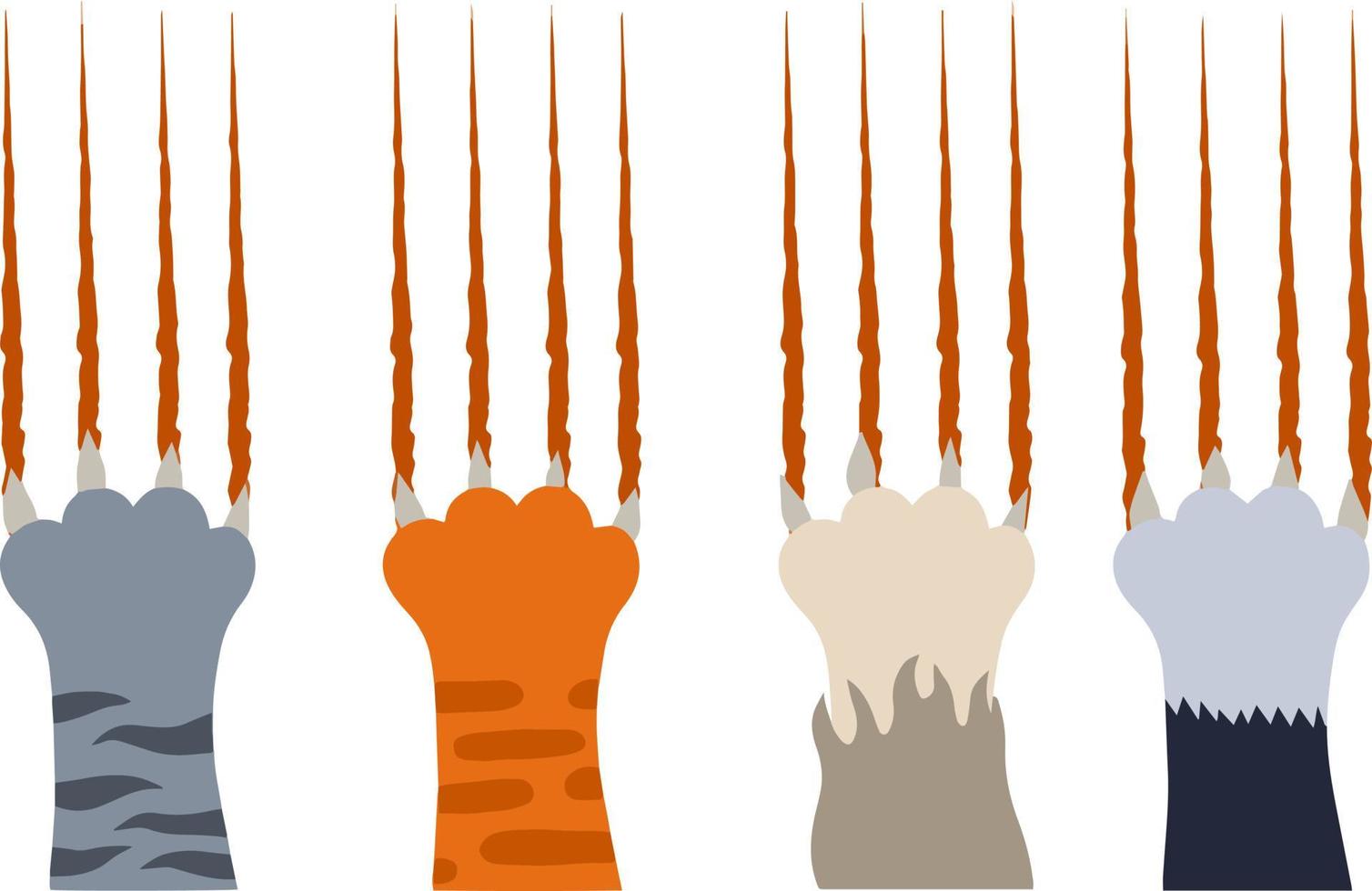 Set of different cat paws with claws and bloody scratch marks. Injury and cut. Cartoon flat illustration. Hands of the beast. Angry pet. Red, black, grey and white striped cat with fur vector