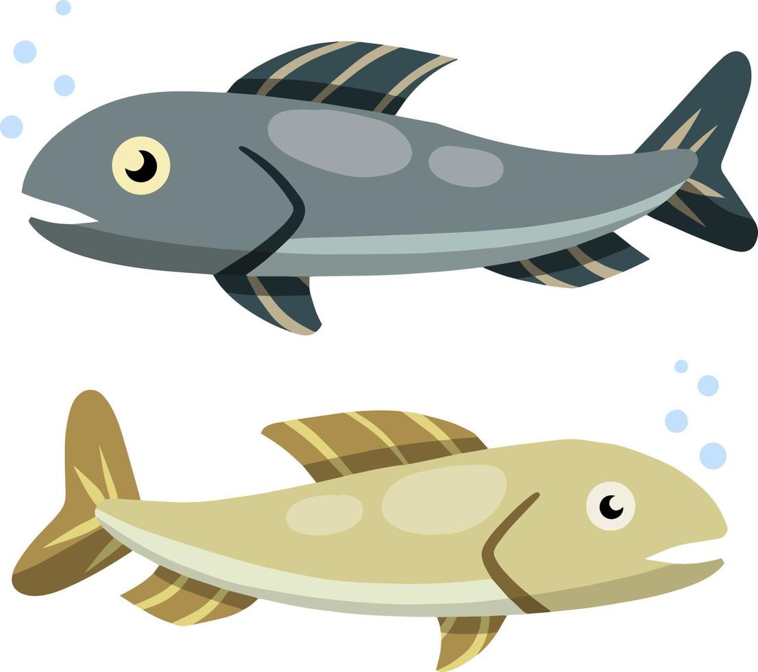 Set of fish. Sea food. Cartoon flat illustration isolated on white background. Element of fishing. River blue and grey animal with scales, fins and a tail vector
