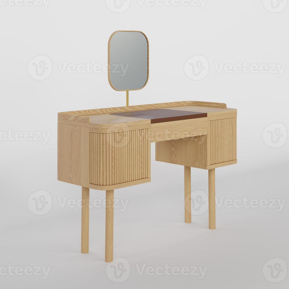 3D Rendering Wood Dressing Table With Glass on White Background photo