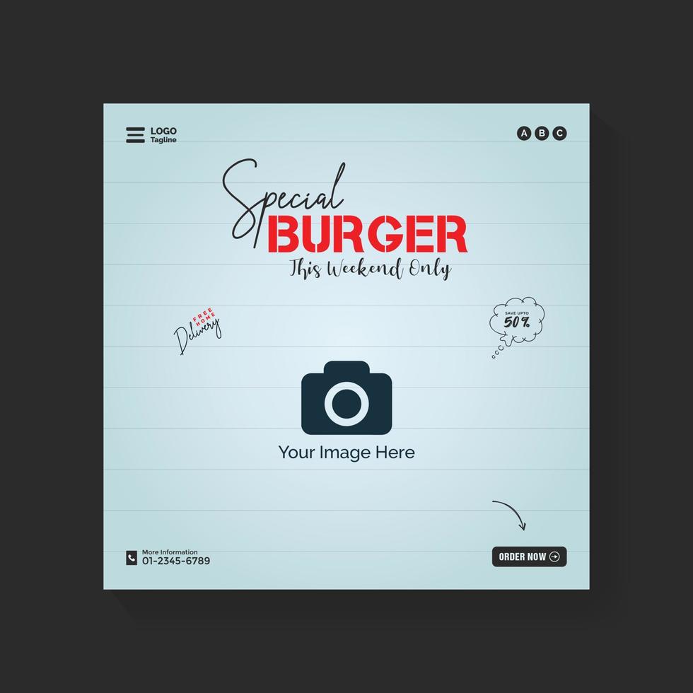 social medios de comunicación promoción enviar y restaurante cuadrado bandera con especial hamburguesa concepto vector