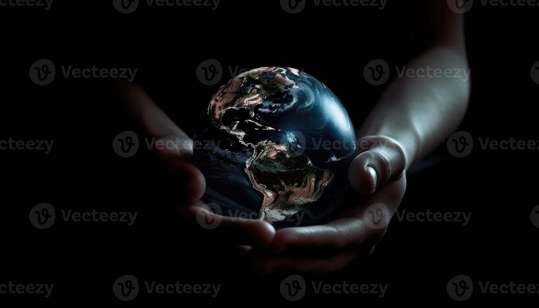 Shiny round world in human hands at night time. Earth Day. Energy saving concept. photo
