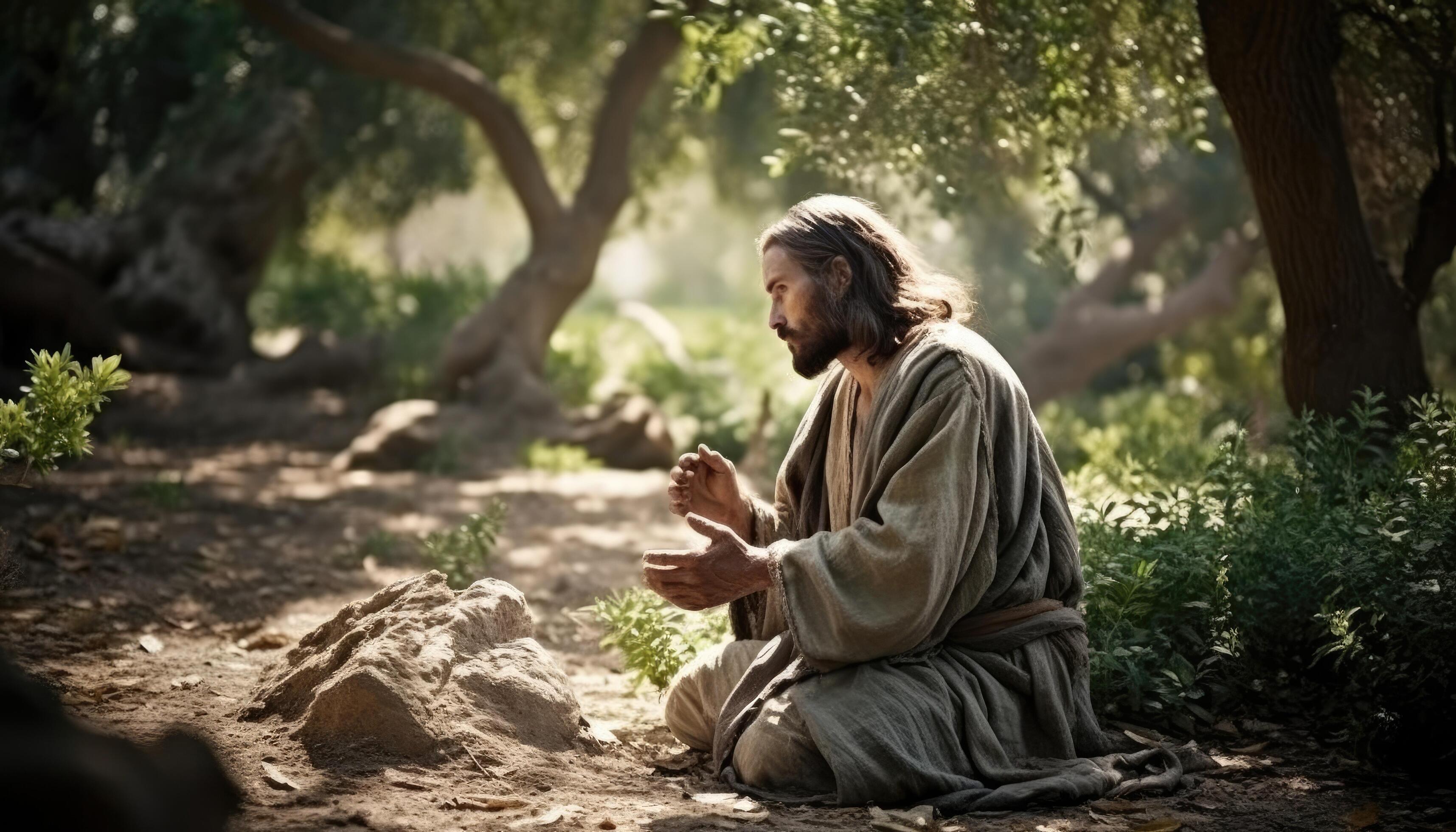 Photograph of Jesus praying in the garden of Gethsemane. 22653577 Stock