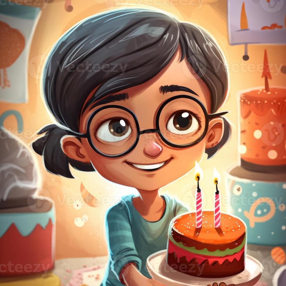 un niña es participación un pastel mientras celebrando un cumpleaños, dibujos animados ilustración con generativo ai foto