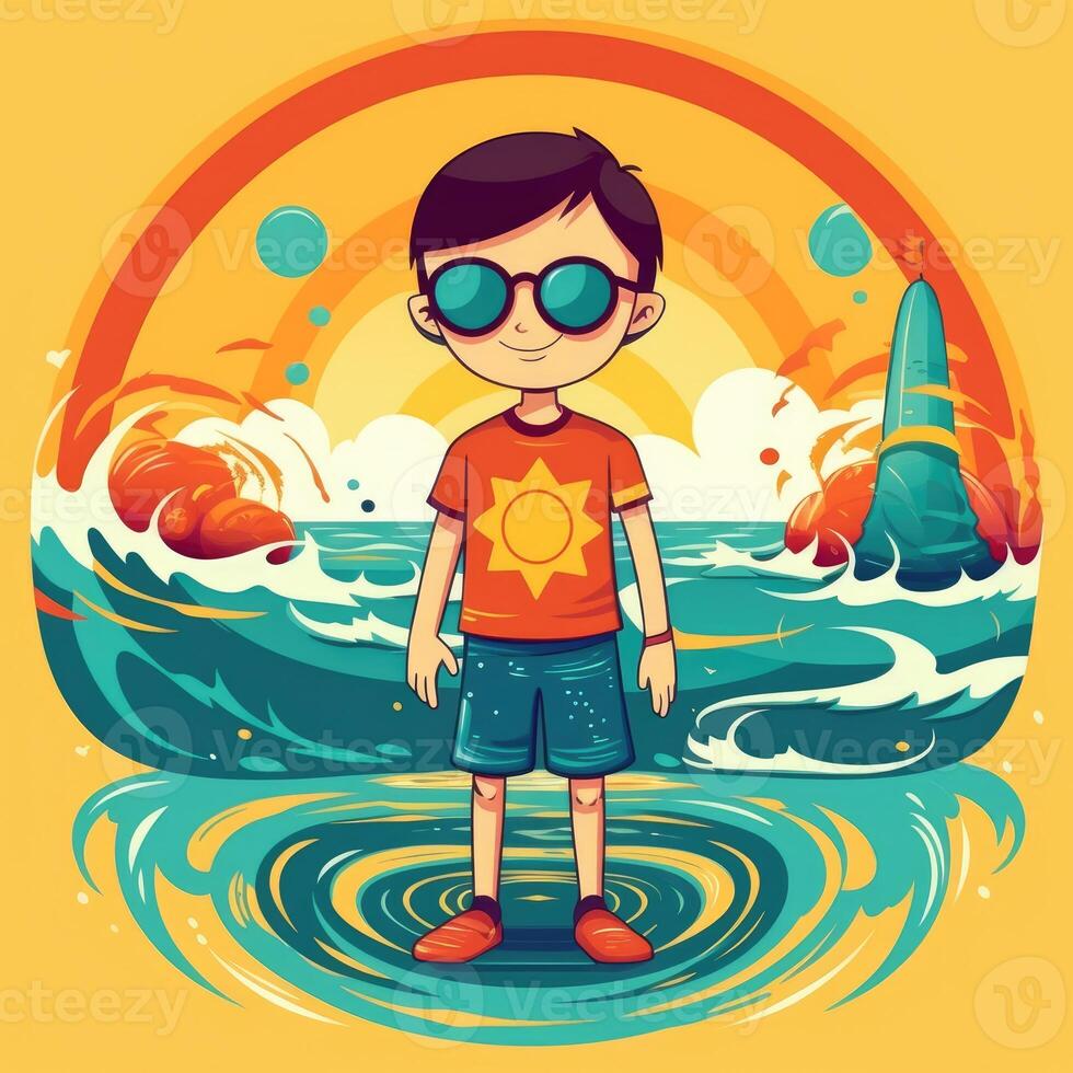 Boy enjoying summer holiday, cartoon illustration with photo