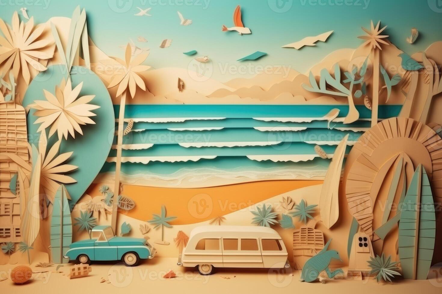 Summer travel vacation beach holidays concept. Retro paper art collage. photo