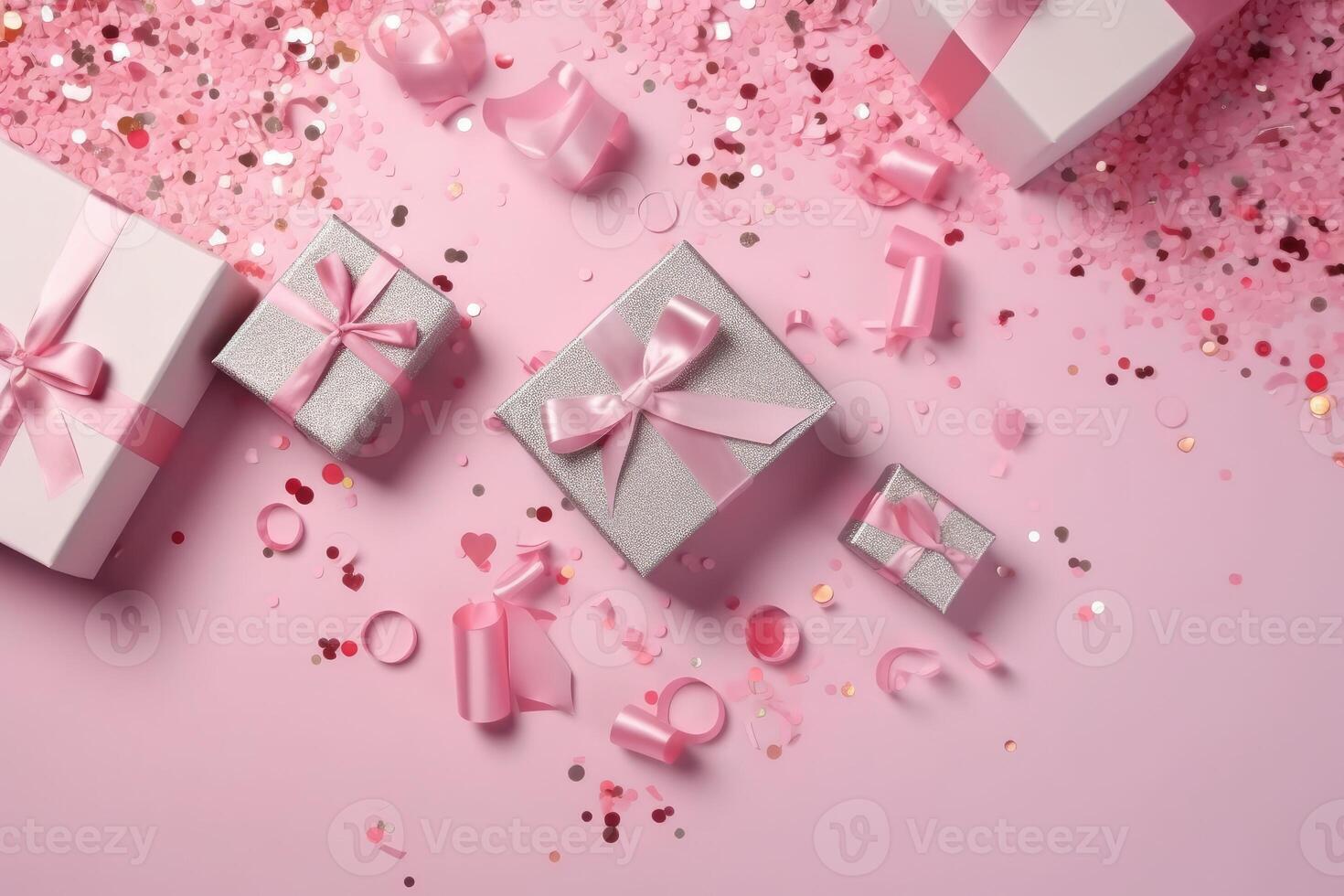 Top view photo of pink gift boxes with pink bow on isolated pastel pink ...