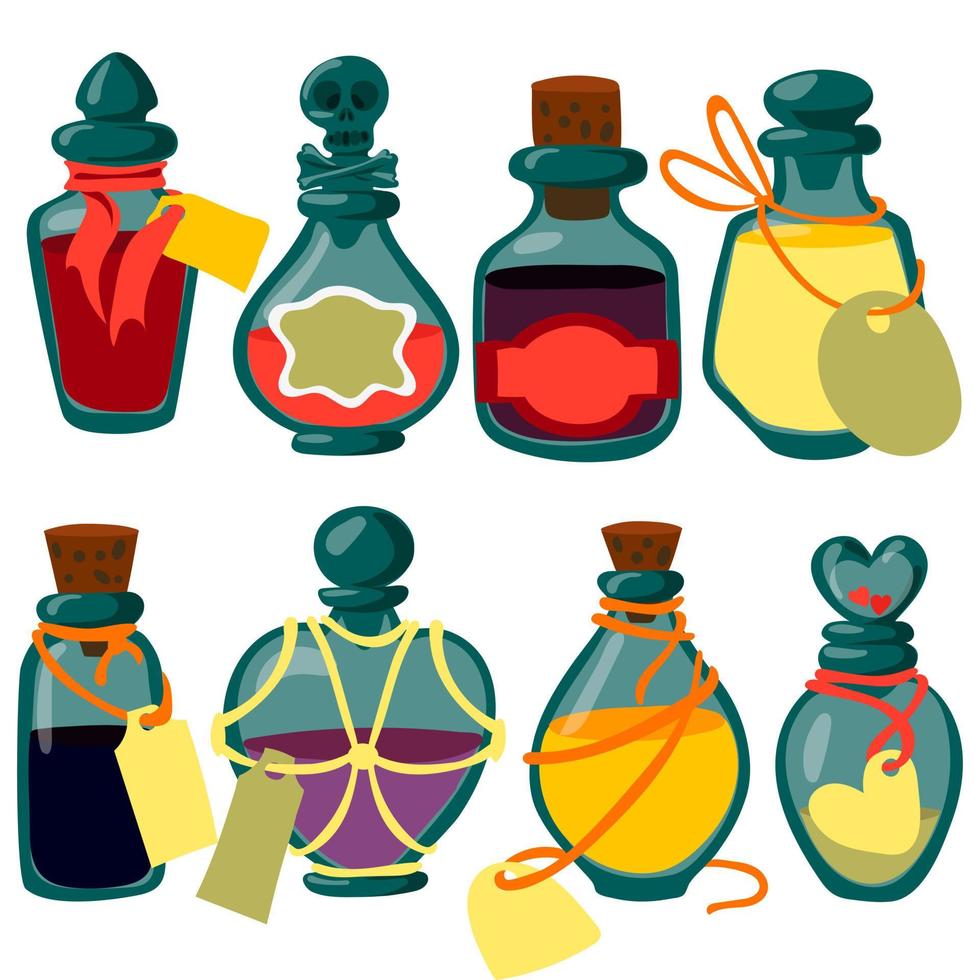 Potion bottles with magic elixir and tags, cartoon glass flasks with unknown witch poisons. Vector illustration of alchemical vials hand-drawn. Witch potions for Halloween magic. Collection of glass