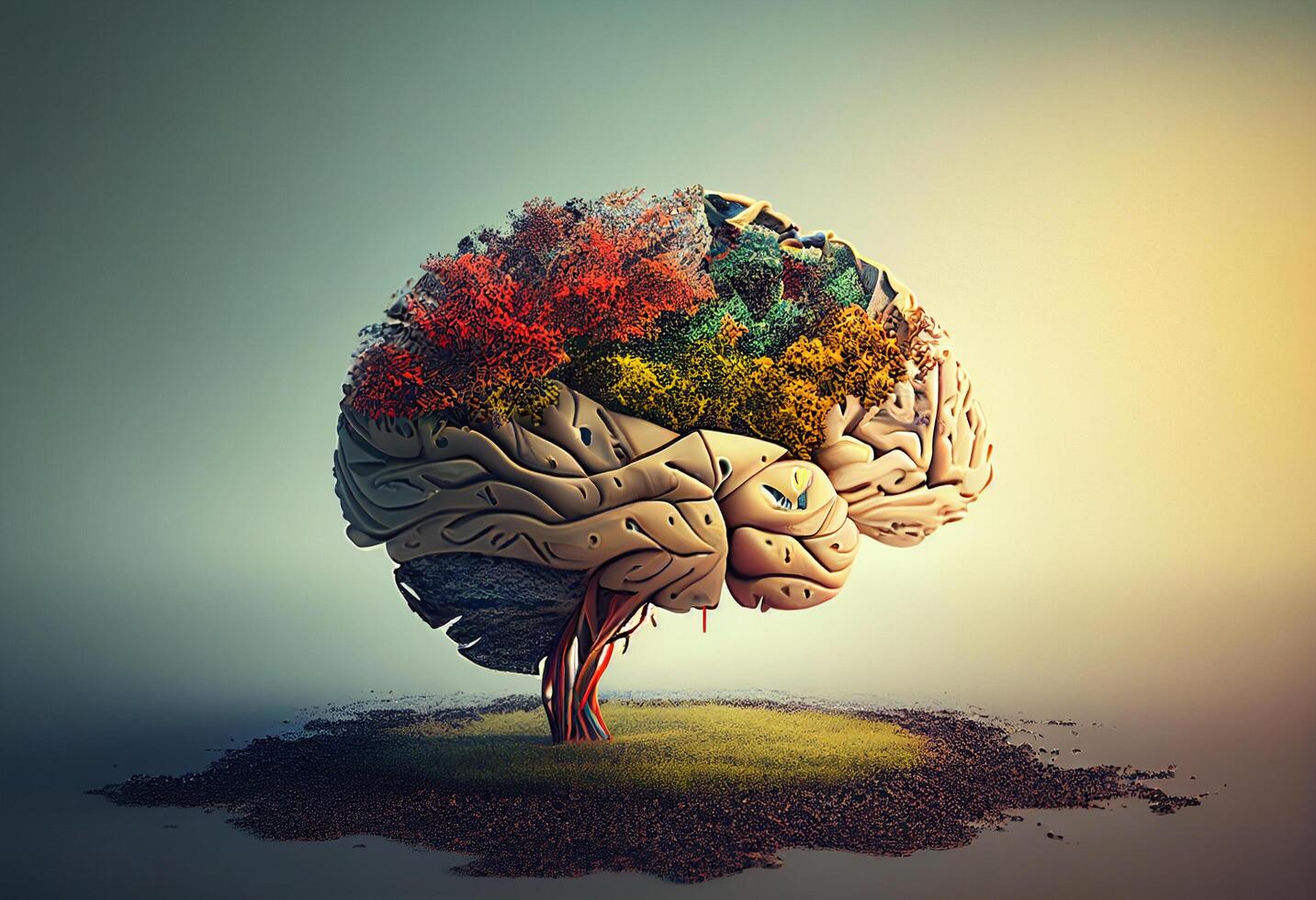 conceptual imagen de humano cerebro hecho de vistoso otoño hojas. generativo ai foto