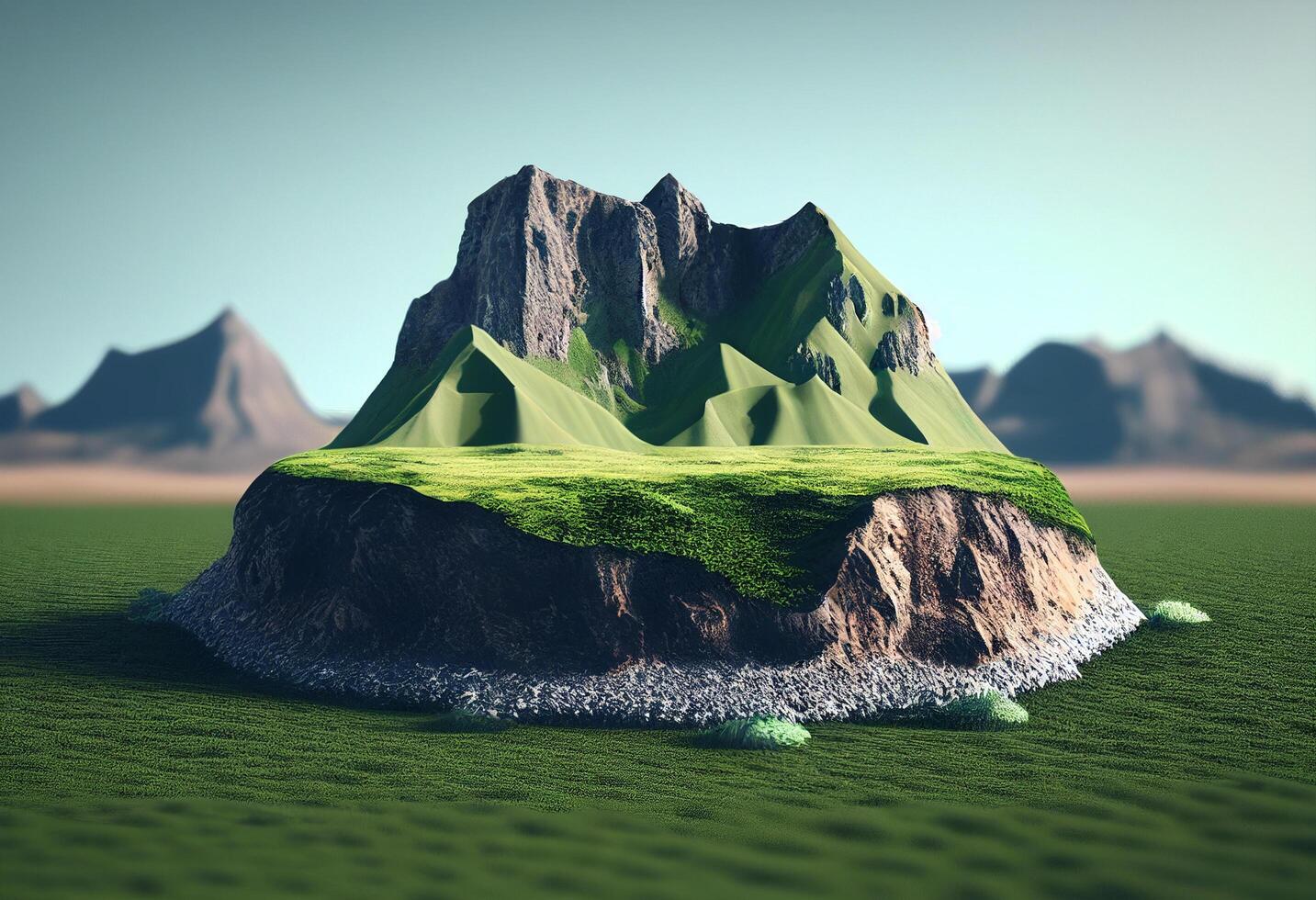 3d hacer de un fantasía paisaje con montañas y un prado generativo ai foto